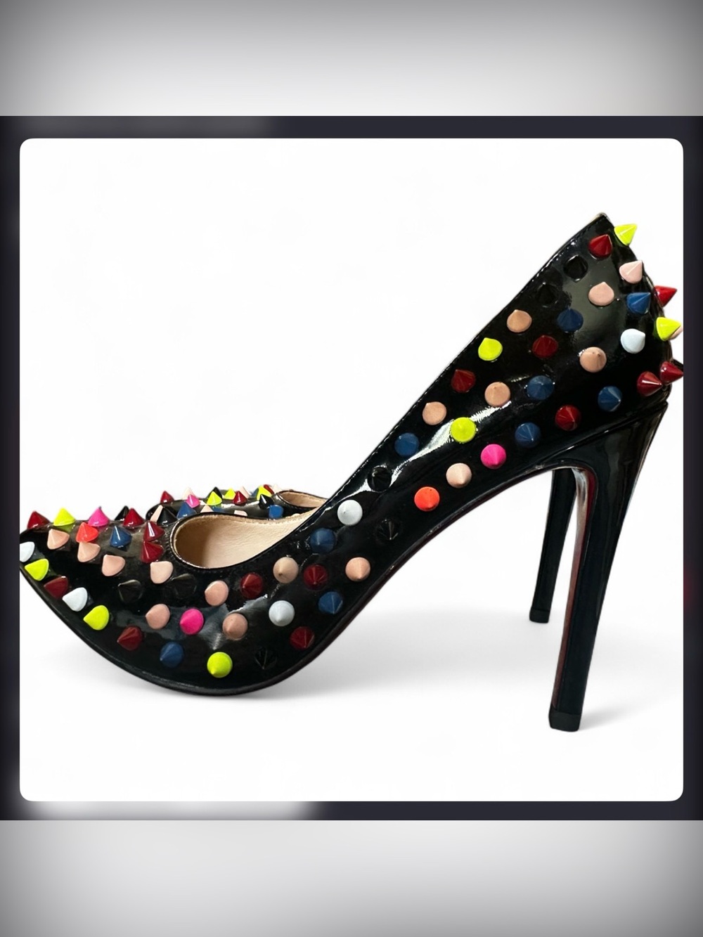 Black Patent Pointed-Toe Stiletto Pumps with Multicolor Studs